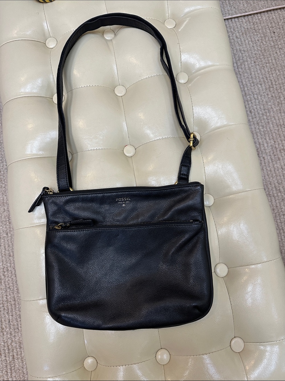Fossil Black Pebbled Real Leather Crossbody Bag